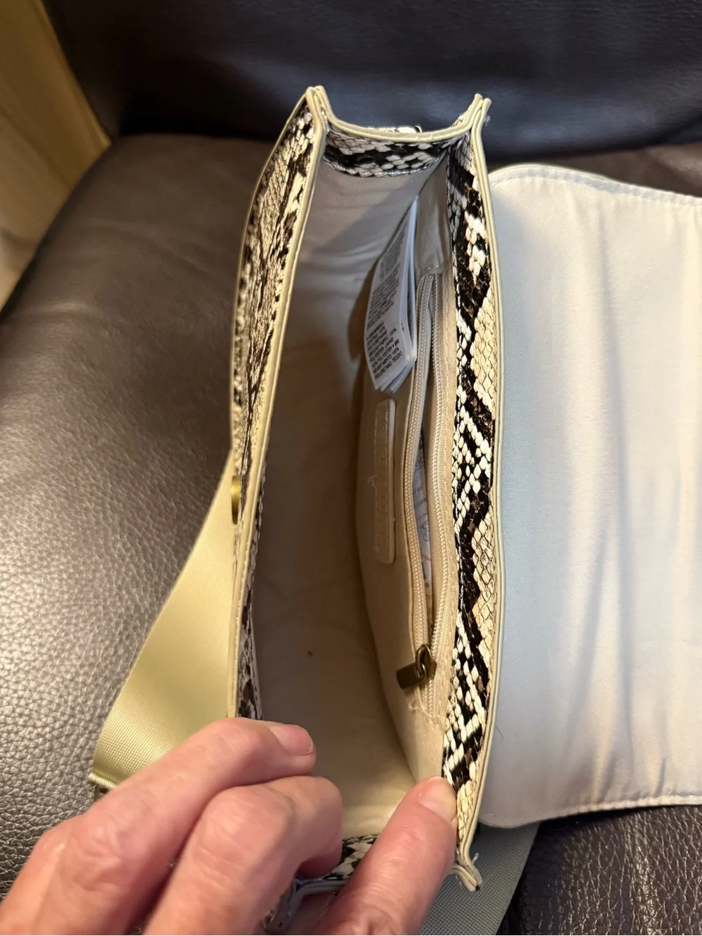Snake-Print Crossbody Saddle Bag in Brown & Cream